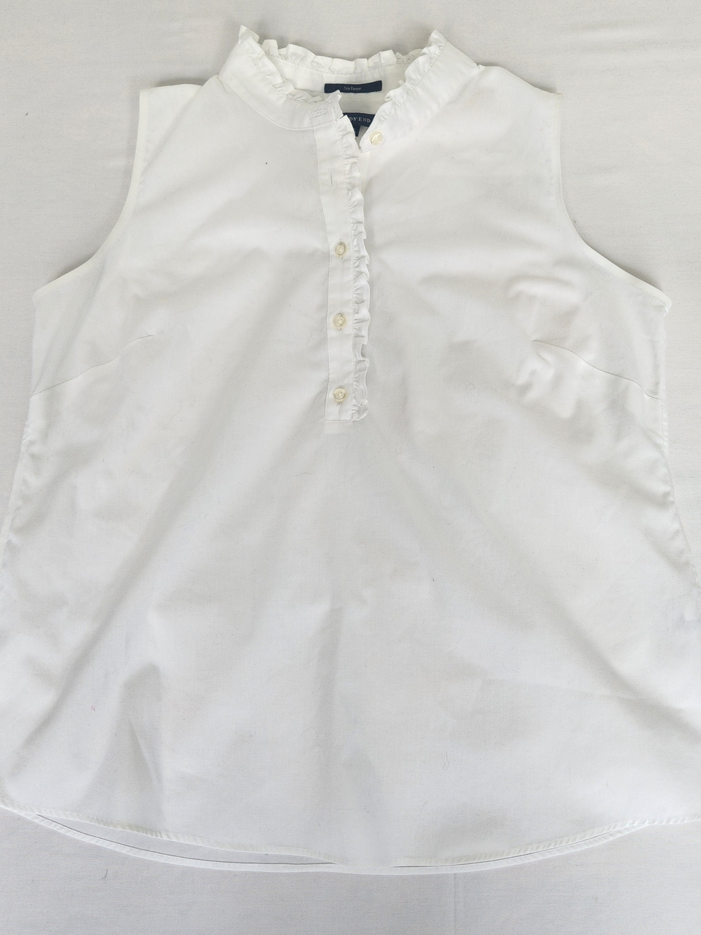 Women's Lands' End White Sleeveless Ruffle Collar Popover Blouse No Iron Sz 12P